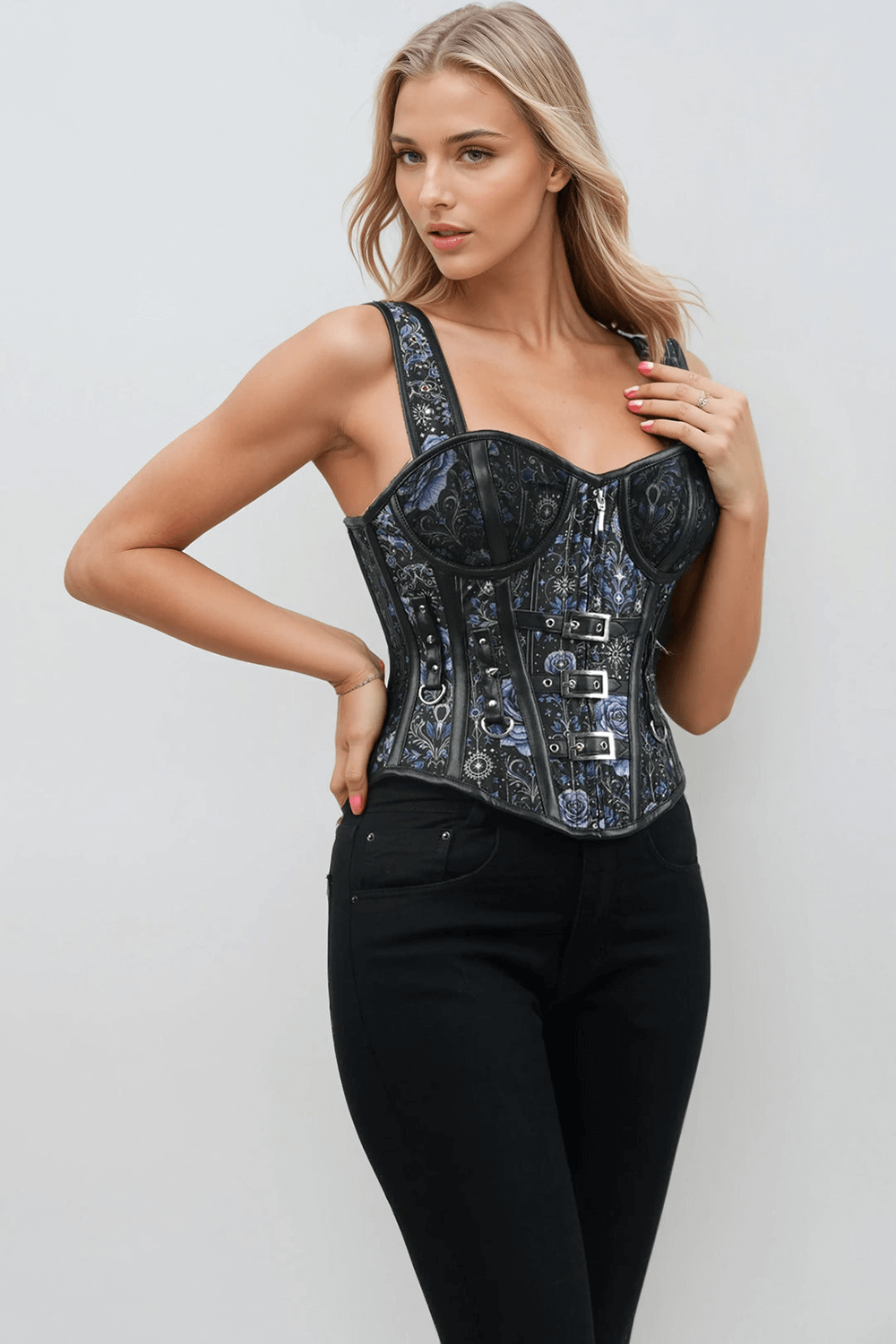 Mystical Floral Gothic Corset with Buckle Straps worn by a model, showcasing intricate patterns and buckle details.
