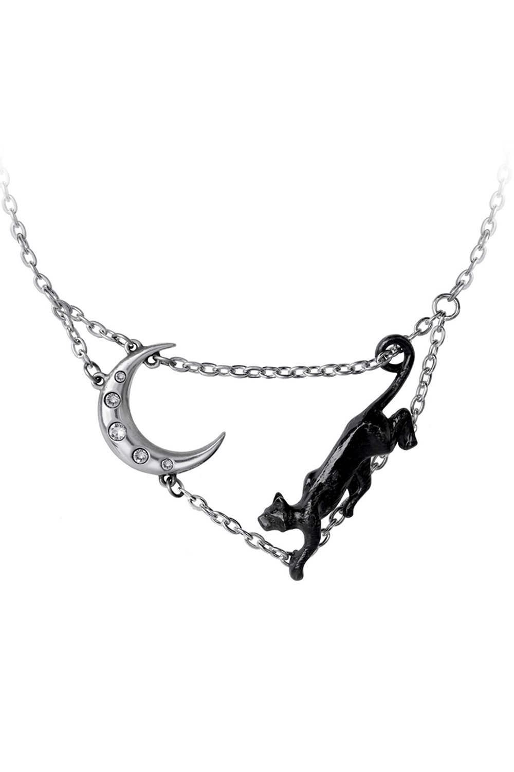 Mystical moon and cat necklace with Austrian crystals, perfect for poetry and mystical lovers.
