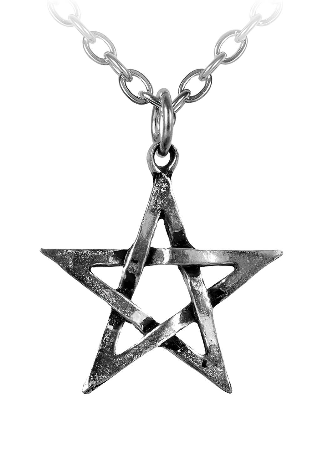 Mystical pentagram pendant on a silver chain, symbolizing elemental forces and cosmic balance.