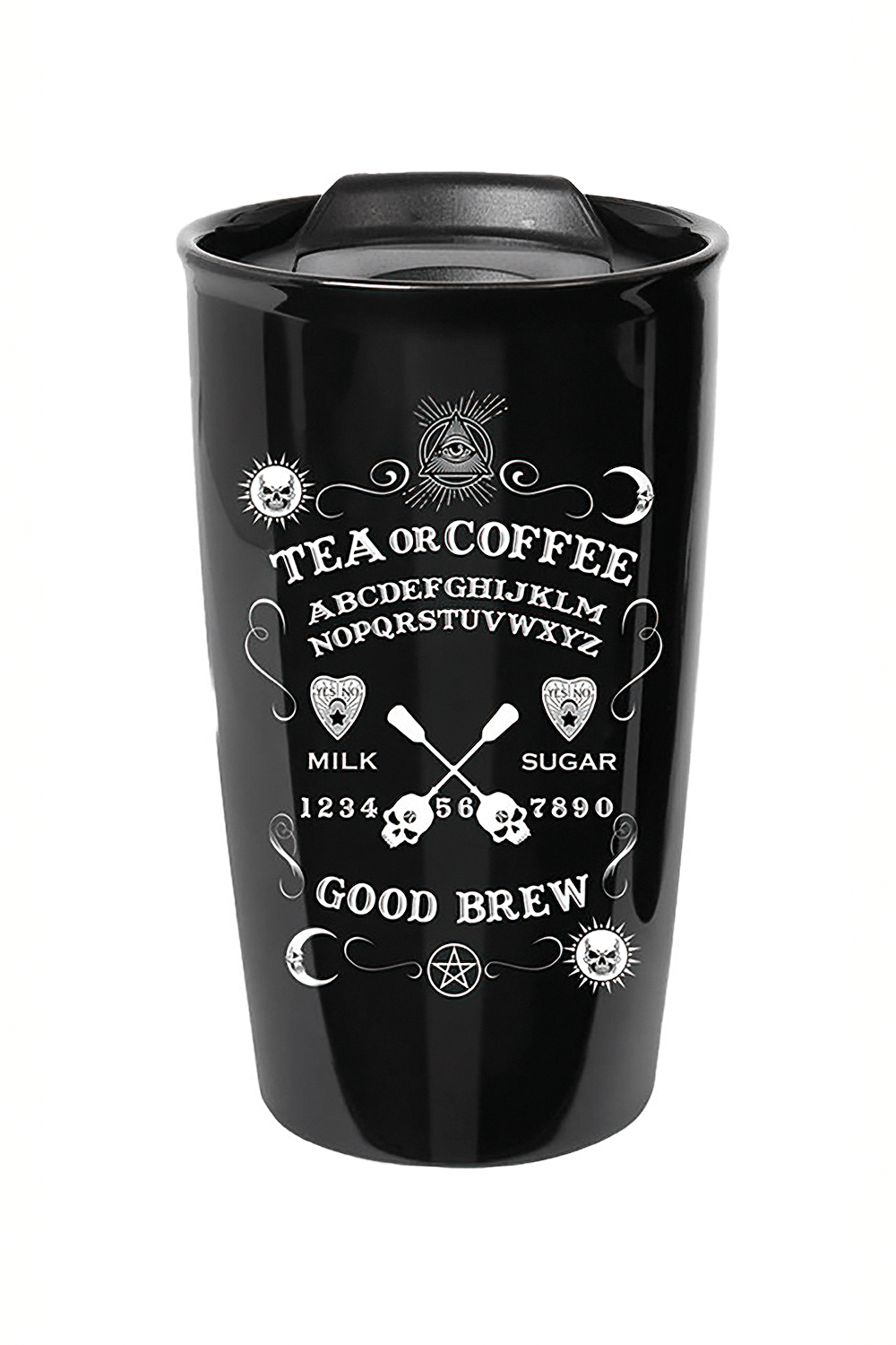 Mystical black travel mug with Ouija design, perfect for tea or coffee lovers, featuring occult symbols and good brew message.