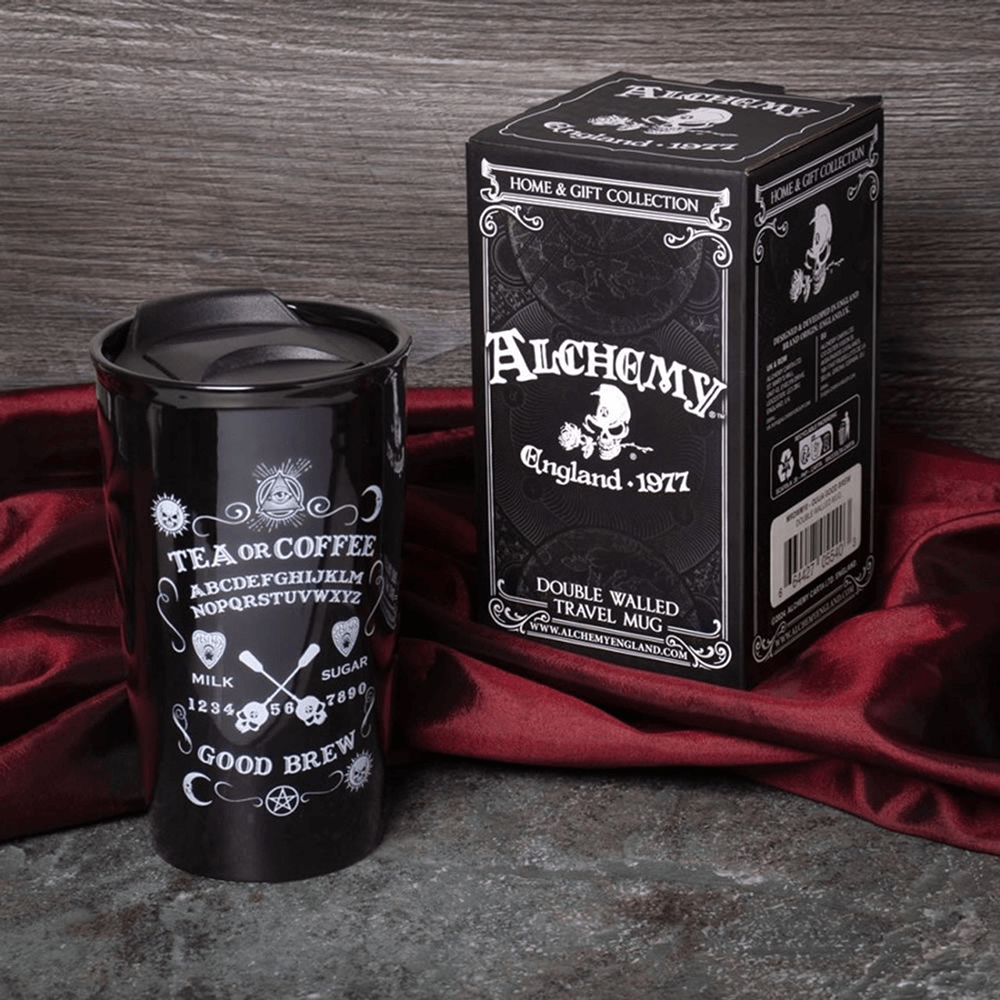 Mystical travel mug with occult design, featuring skull graphics and 'Good Brew' text on black ceramic.