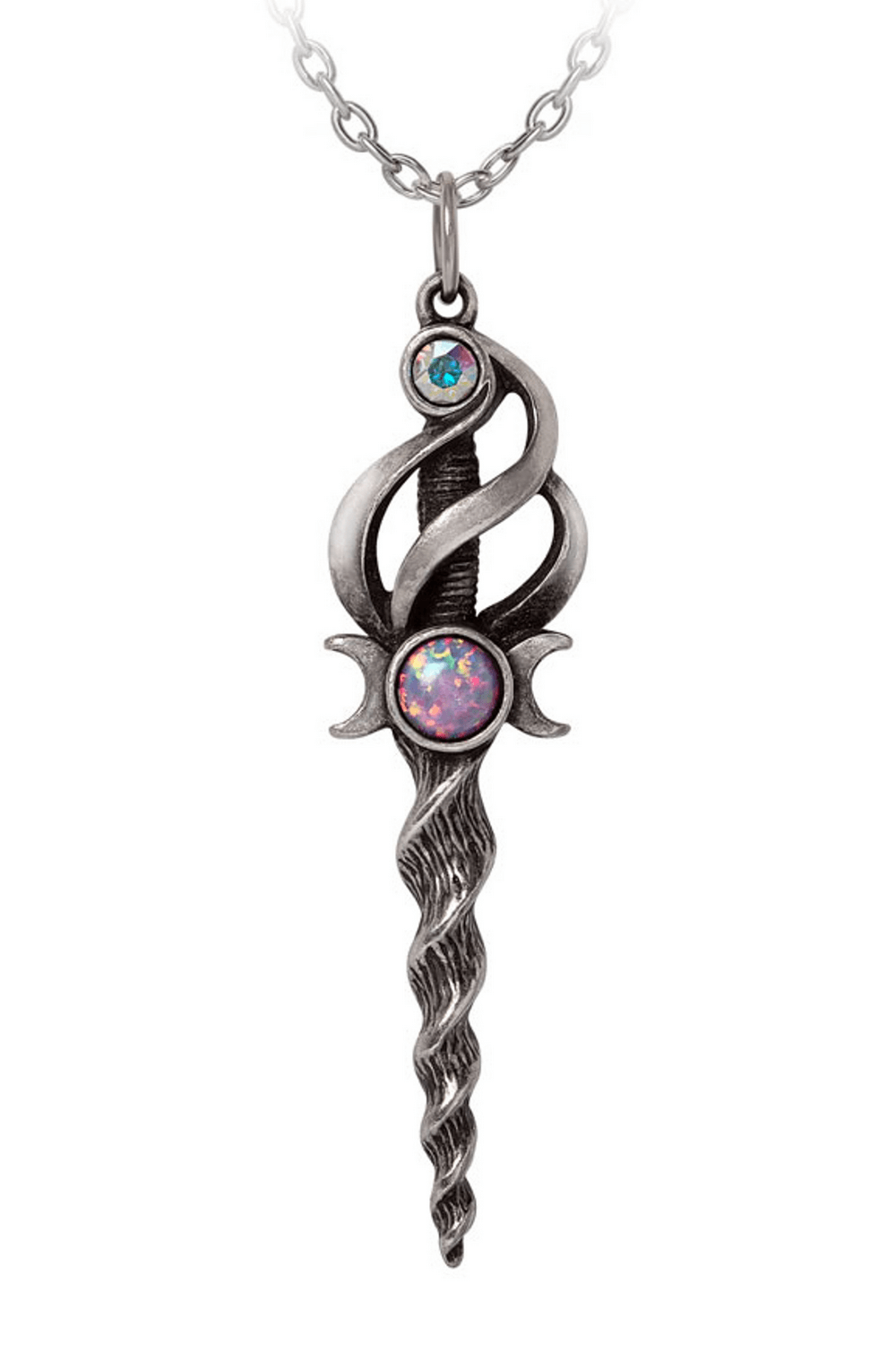 Mystical Wand Pendant With Lunar and Crystal Accents featuring an intricate pewter design and sparkling cabochons.