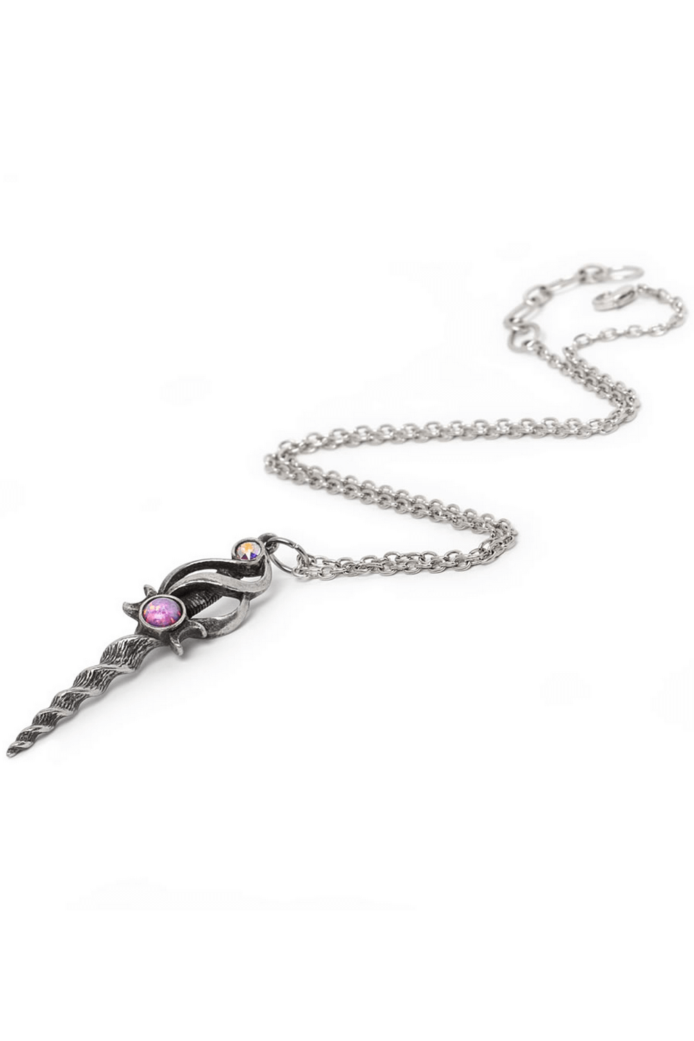 Mystical Wand Pendant With Lunar and Crystal Accents featuring a twisted horn design and sparkling crystal.