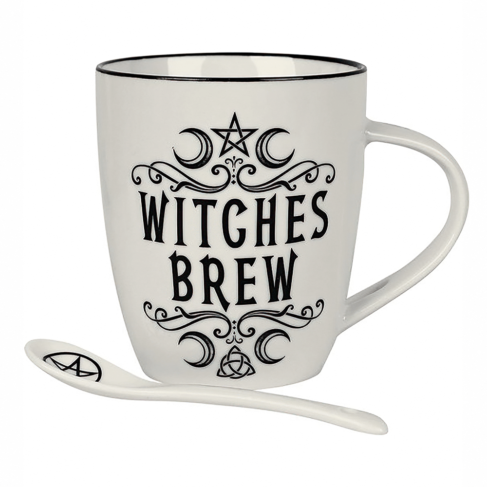 Mystical Witches Brew Bone China Mug and Spoon Set with occult symbols and gothic script.