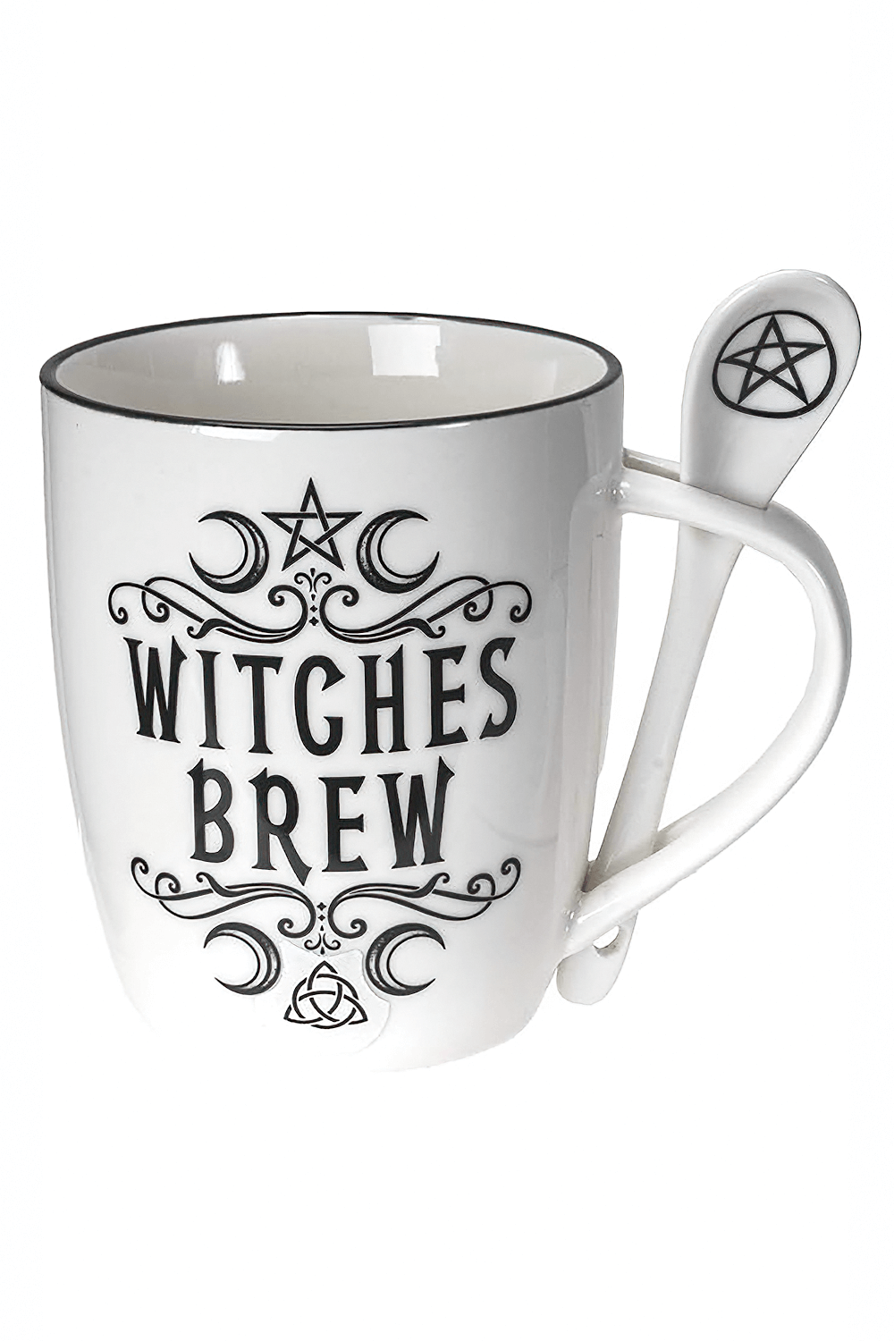 Witches Brew mug and spoon set in bone china, featuring occult symbols and gothic script, perfect for tea or coffee.