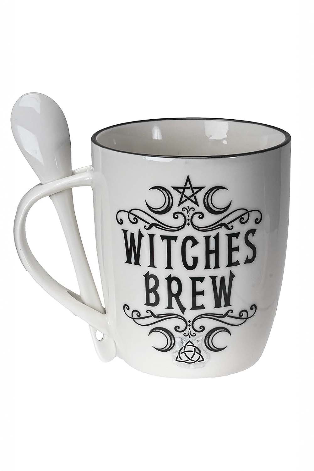 Mystical Witches Brew bone china mug with spoon featuring occult symbols and gothic script.