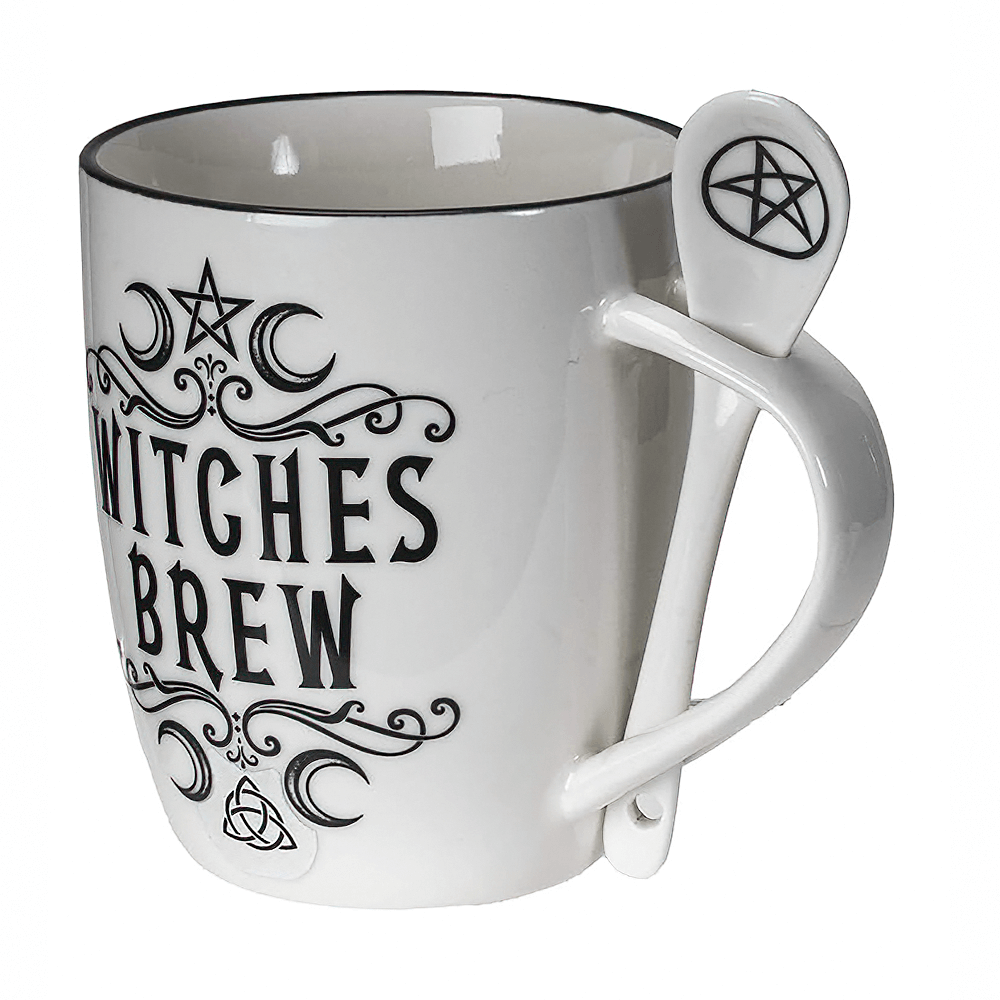 Witches Brew Bone China Mug and Spoon Set with occult symbols and gothic script for tea and coffee rituals.