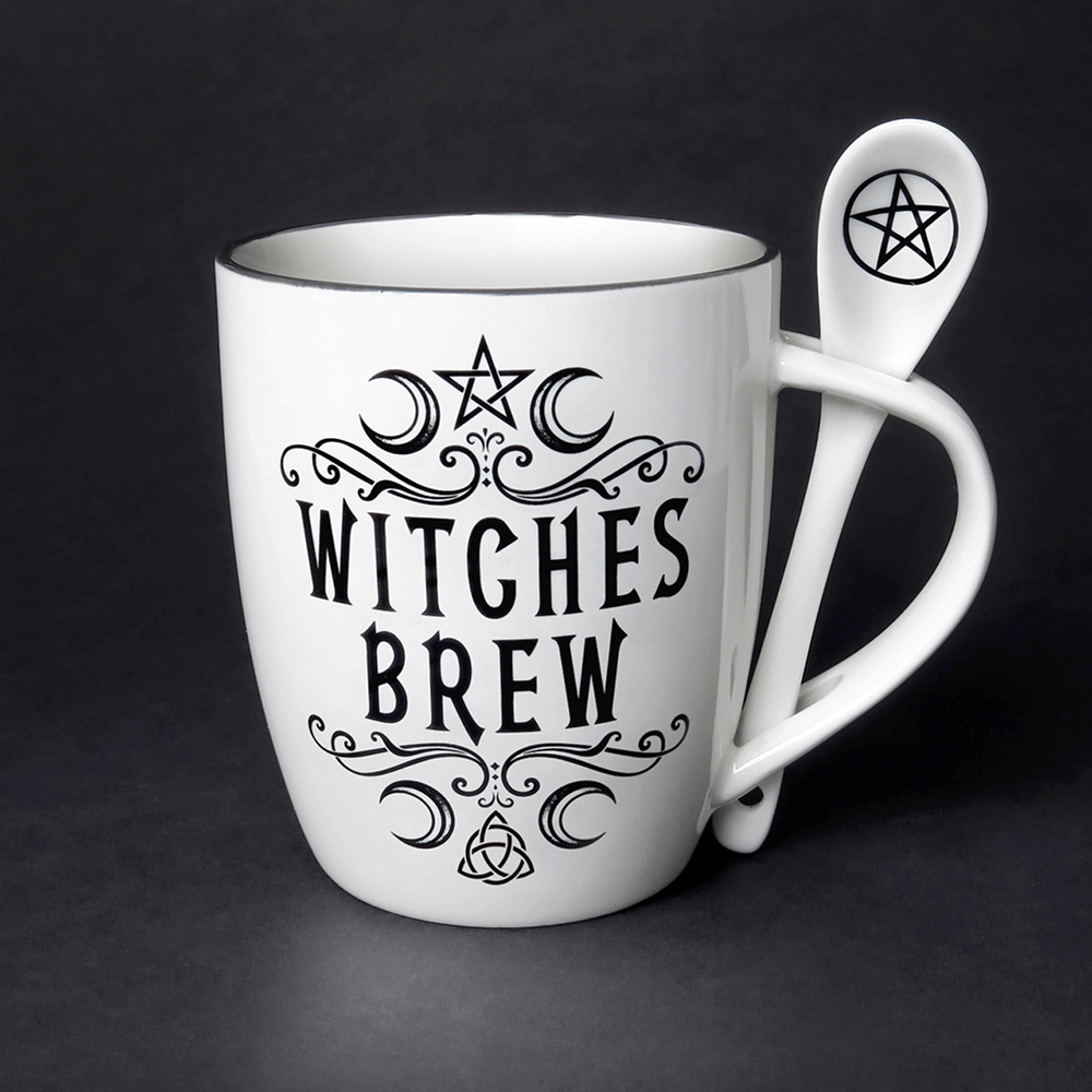 Mystical Witches Brew bone china mug and spoon set featuring occult symbols and gothic script.