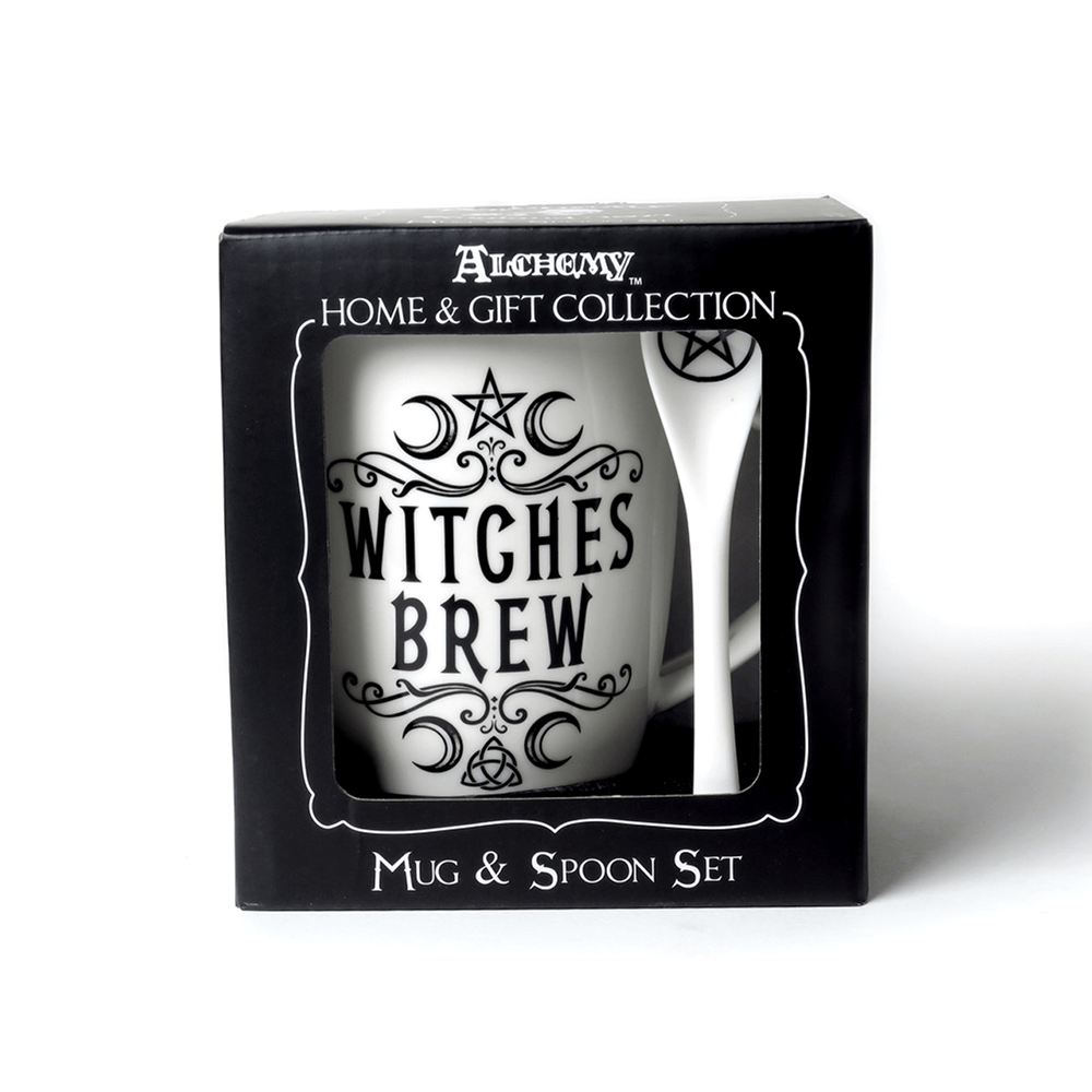 Mystical Witches Brew bone china mug and spoon set, perfect for tea or coffee rituals in gothic style.