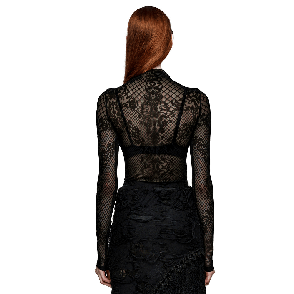 Back view of the Mystique Gothic Flocked Mesh Top featuring a stand collar and elegant gothic detailing.