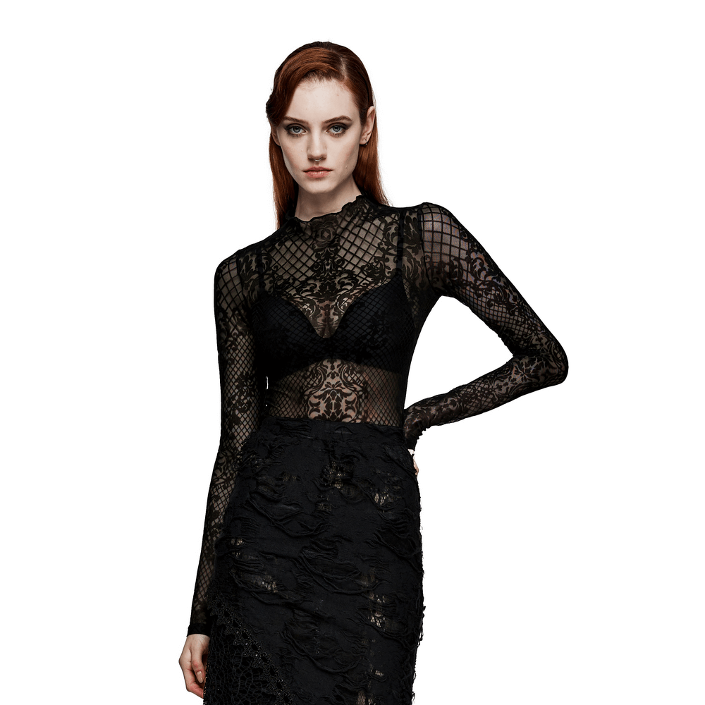 Model showcasing Mystique Gothic Flocked Mesh Top with stand collar, exuding gothic elegance in black.