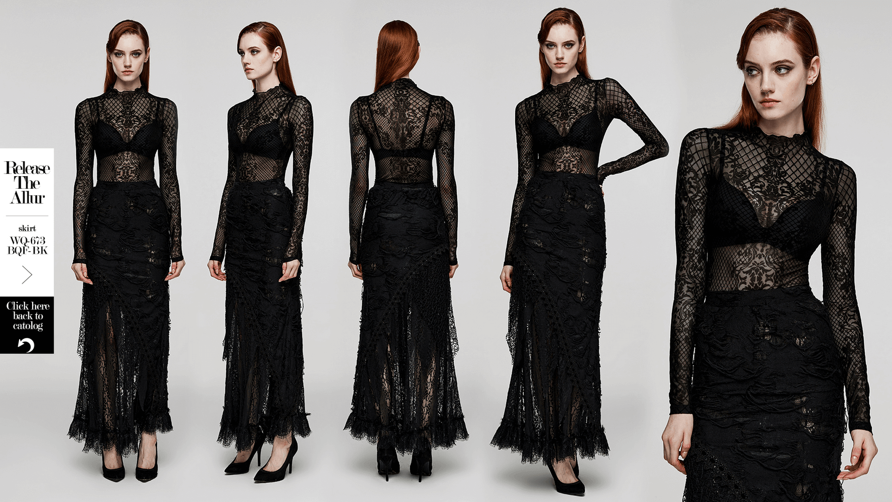 Elegant black lace gown featuring a fitted silhouette and long sleeves, perfect for gothic and formal occasions.