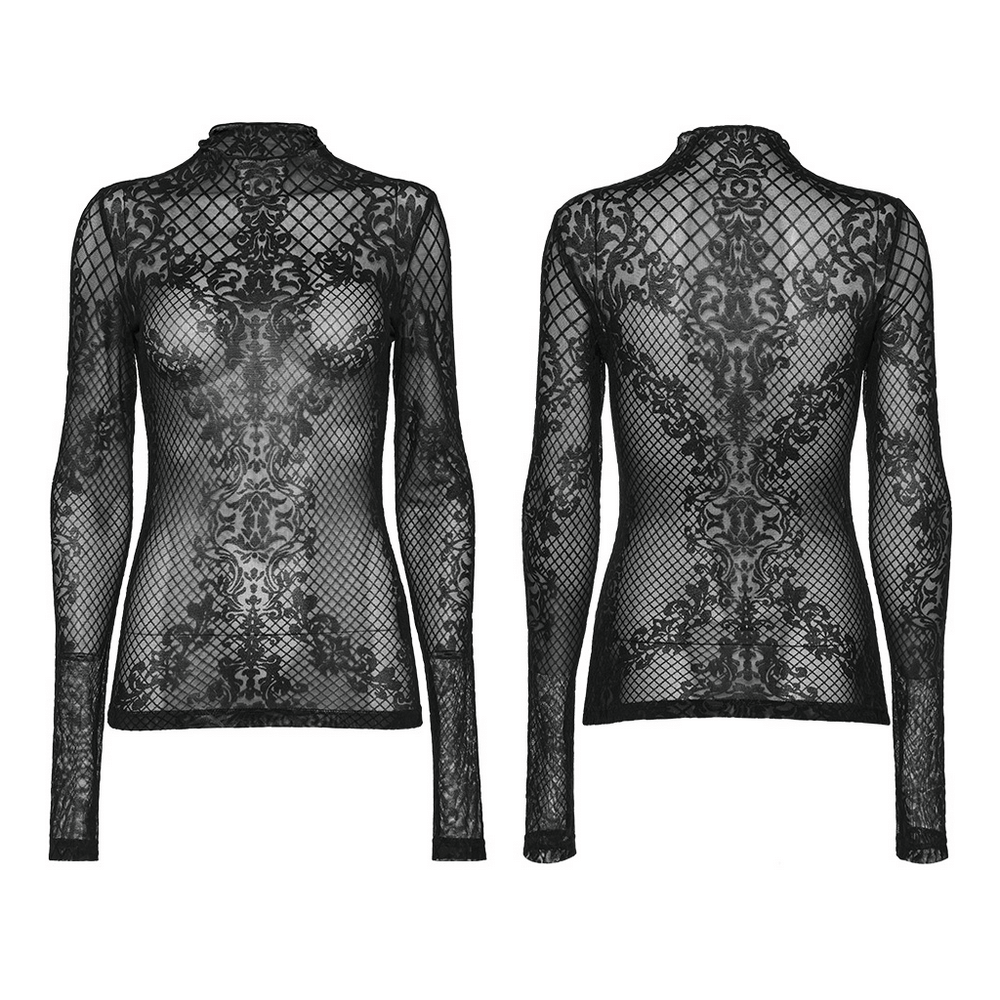 Mystique Gothic flocked mesh top with high stand collar, showcasing intricate gothic pattern in elegant black lace.