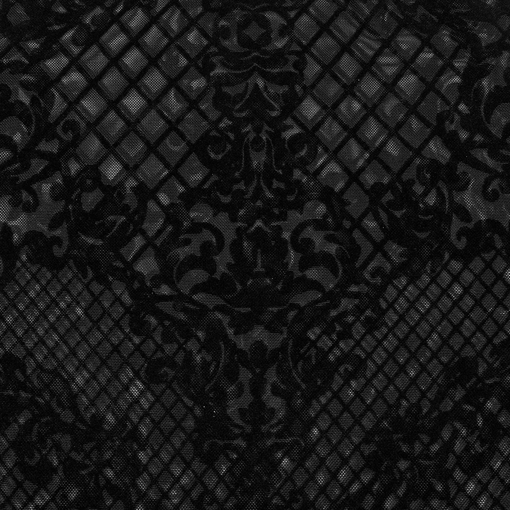 Elegant black flocked mesh fabric with intricate gothic pattern and diamond grid design.