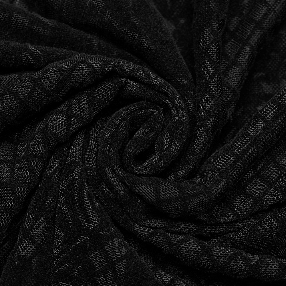 Close-up of luxurious black flocked mesh fabric, featuring intricate gothic pattern, perfect for elegant gothic fashion.