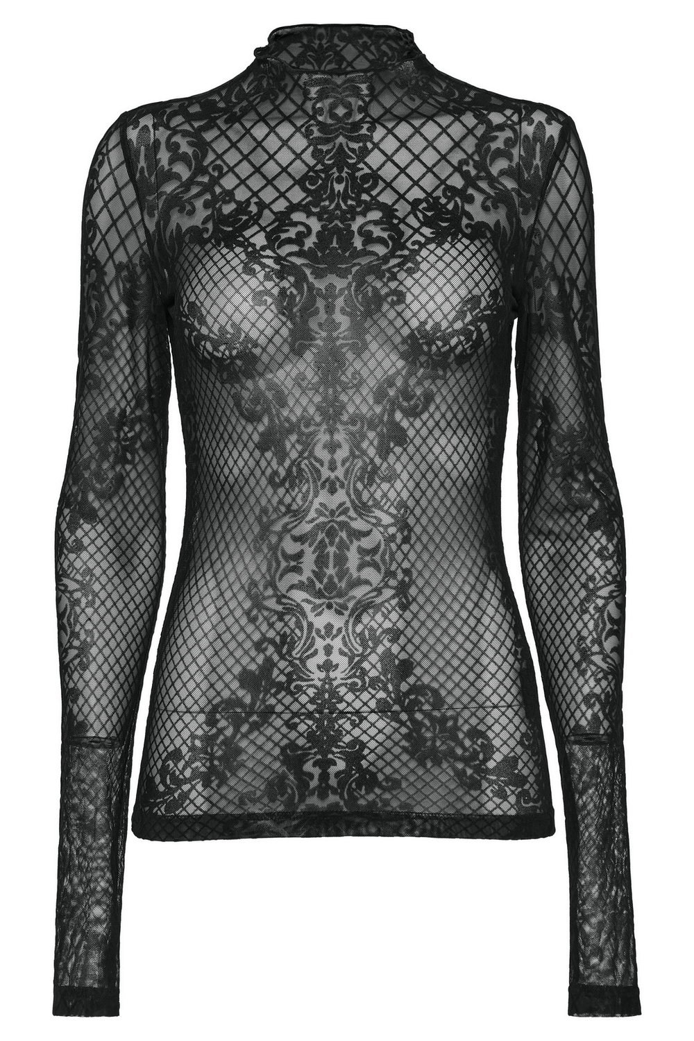 Mystique gothic flocked mesh high neck top with intricate detailing and stand collar.