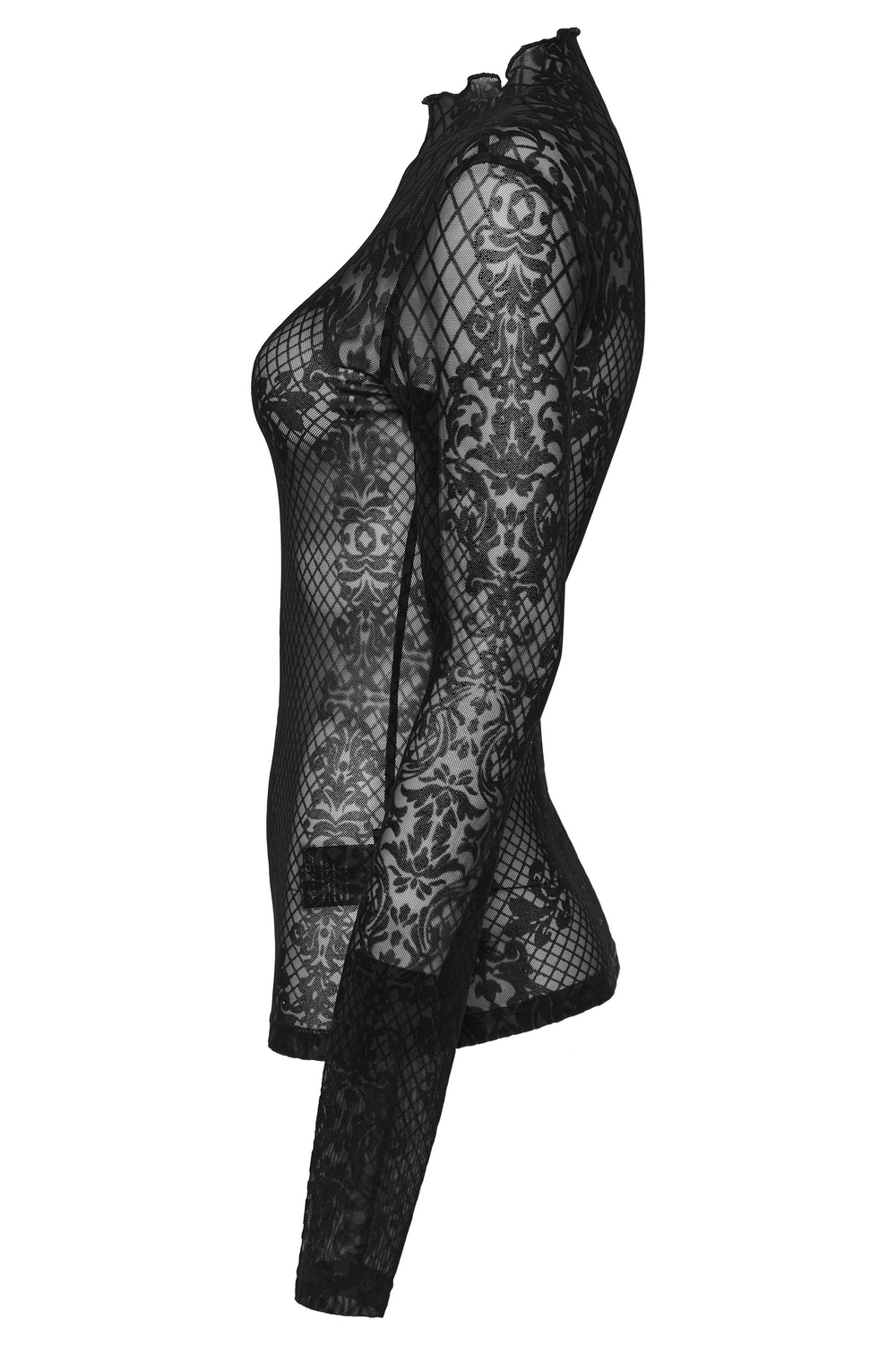 Elegant black flocked mesh top with stand collar, showcasing gothic patterns and a fitted silhouette.