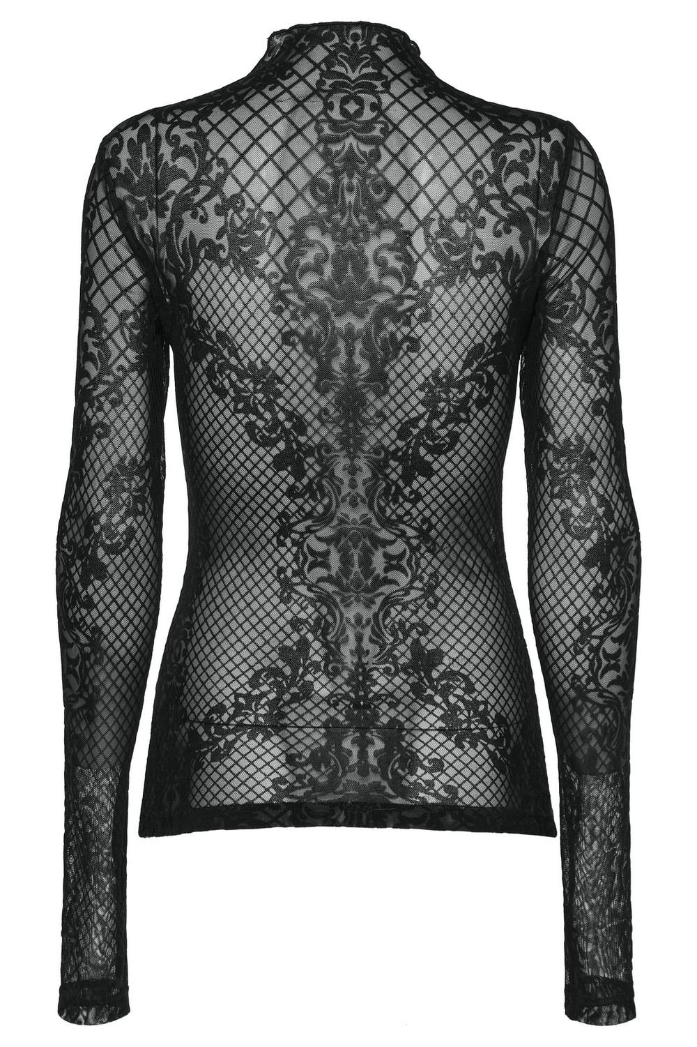 Back view of Mystique Gothic Flocked Mesh Top, showcasing intricate black vintage pattern and elegant stand collar design.