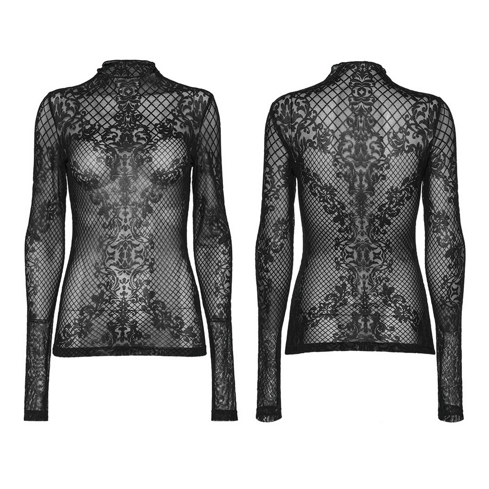 Mystique Gothic Flocked Mesh Top With Stand Collar - HARD'N'HEAVY