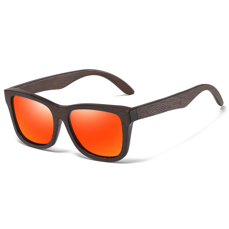 Natural bamboo wooden sunglasses with polarized mirror orange lenses, perfect for trendy outfits and outdoor fun.