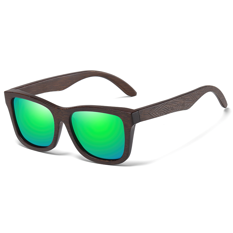 Handmade bamboo wooden sunglasses with polarised green mirror lenses, stylish and trendy eyewear.