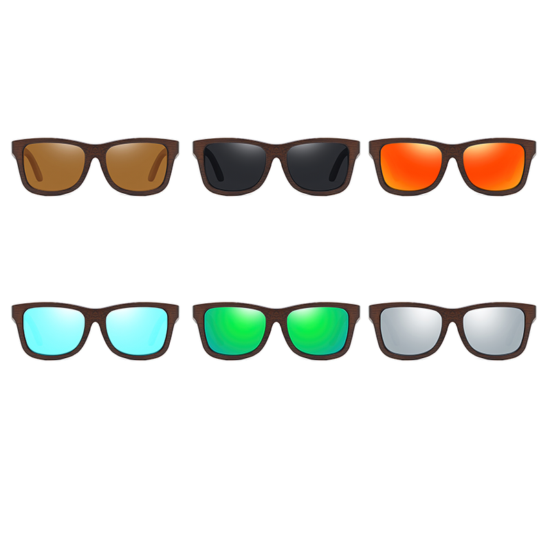 Assorted bamboo wooden sunglasses with polarized lenses in various colors, showcasing a trendy and stylish eyewear collection.
