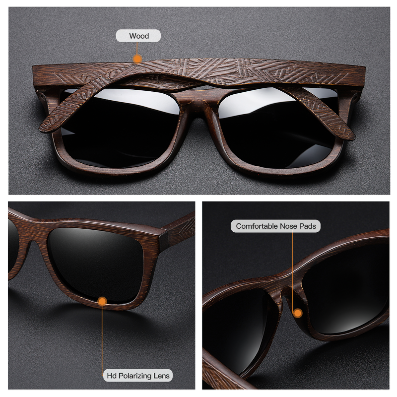 Natural bamboo wooden sunglasses with polarized lenses and comfortable nose pads, perfect for trendy casual outfits.