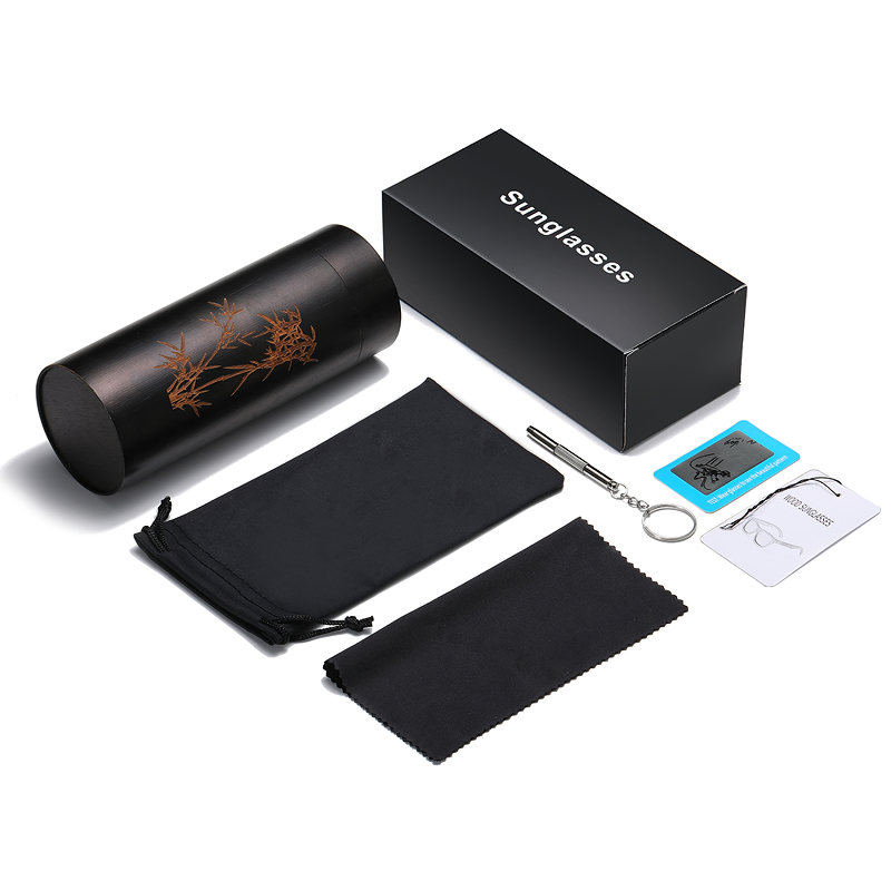 Natural bamboo sunglasses gift box set with cleaning cloths, lens wipes, and a stylish case.