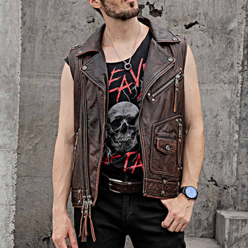 Natural Genuine Leather Motorcycle Vest For Men / Spring Vintage Brown Biker Sleeveless Jacket - HARD'N'HEAVY