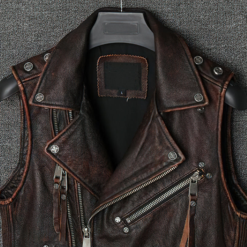 Natural Genuine Leather Motorcycle Vest For Men / Spring Vintage Brown Biker Sleeveless Jacket - HARD'N'HEAVY