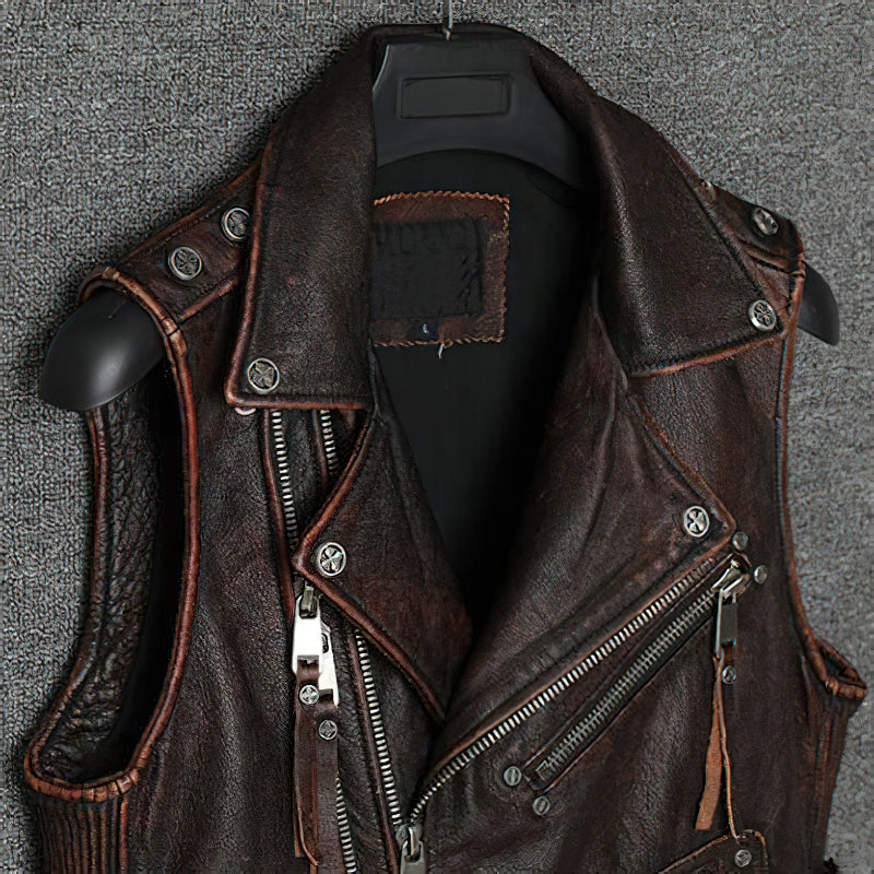 Natural Genuine Leather Motorcycle Vest For Men / Spring Vintage Brown Biker Sleeveless Jacket - HARD'N'HEAVY