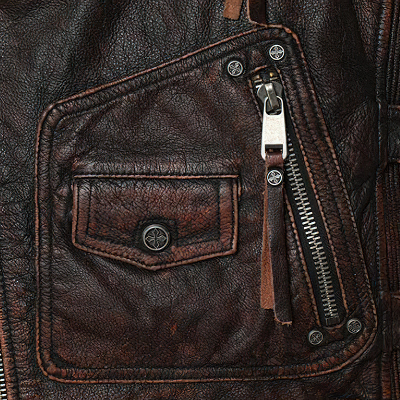 Natural Genuine Leather Motorcycle Vest For Men / Spring Vintage Brown Biker Sleeveless Jacket - HARD'N'HEAVY