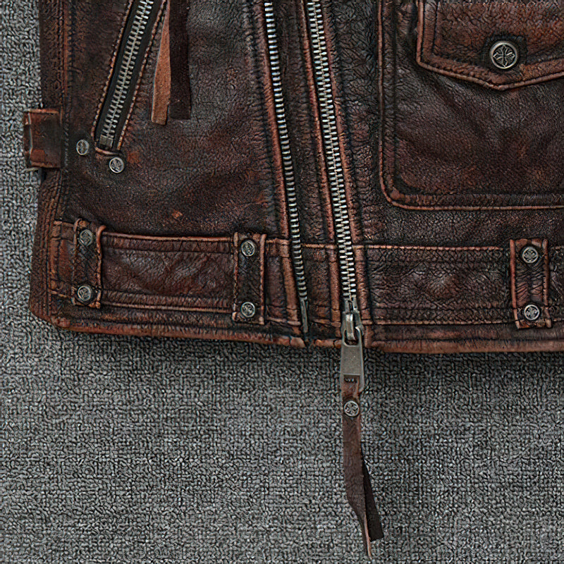 Natural Genuine Leather Motorcycle Vest For Men / Spring Vintage Brown Biker Sleeveless Jacket - HARD'N'HEAVY