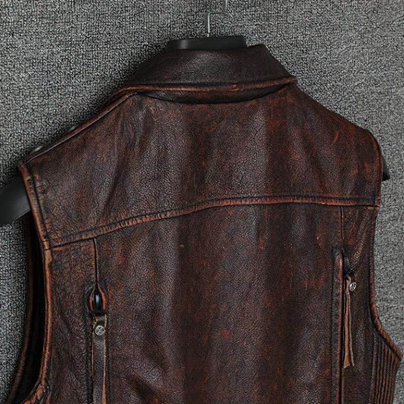 Natural Genuine Leather Motorcycle Vest For Men / Spring Vintage Brown Biker Sleeveless Jacket - HARD'N'HEAVY