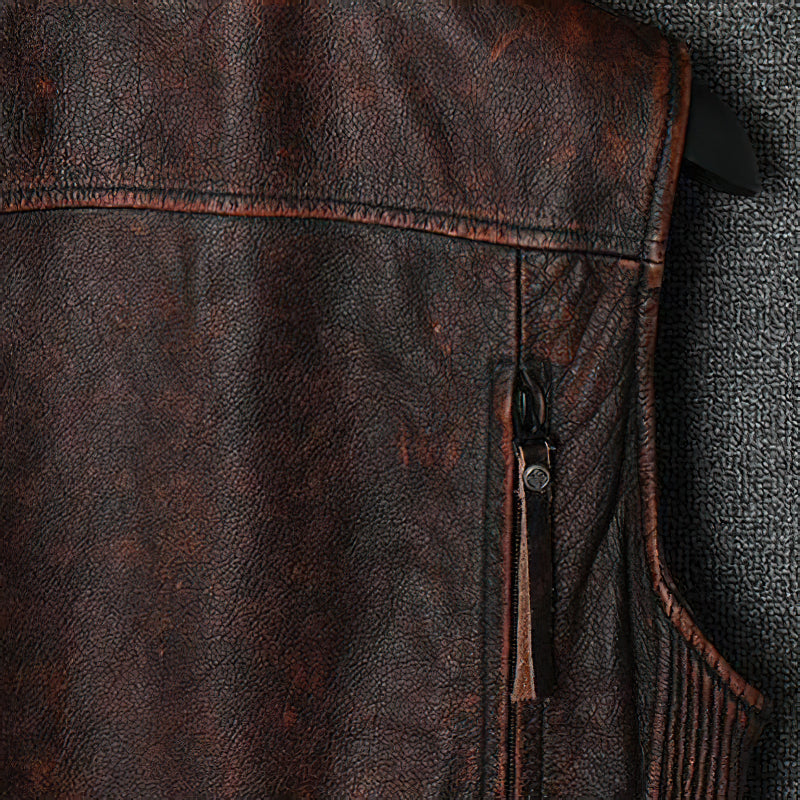 Natural Genuine Leather Motorcycle Vest For Men / Spring Vintage Brown Biker Sleeveless Jacket - HARD'N'HEAVY