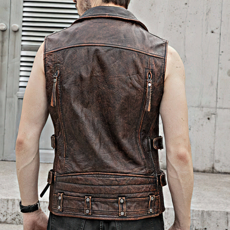 Natural Genuine Leather Motorcycle Vest For Men / Spring Vintage Brown Biker Sleeveless Jacket - HARD'N'HEAVY