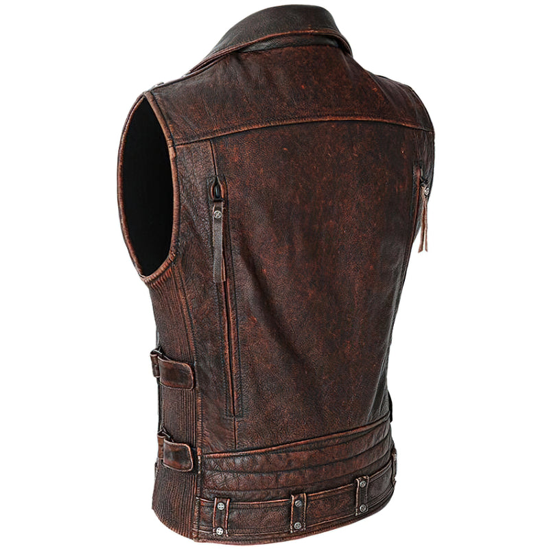 Natural Genuine Leather Motorcycle Vest For Men / Spring Vintage Brown Biker Sleeveless Jacket - HARD'N'HEAVY