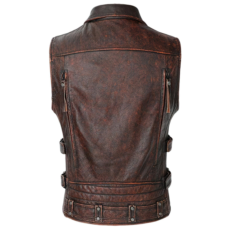 Natural Genuine Leather Motorcycle Vest For Men / Spring Vintage Brown Biker Sleeveless Jacket - HARD'N'HEAVY
