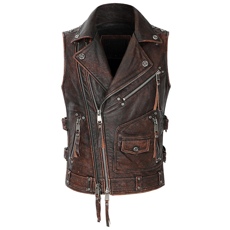 Natural Genuine Leather Motorcycle Vest For Men / Spring Vintage Brown Biker Sleeveless Jacket - HARD'N'HEAVY