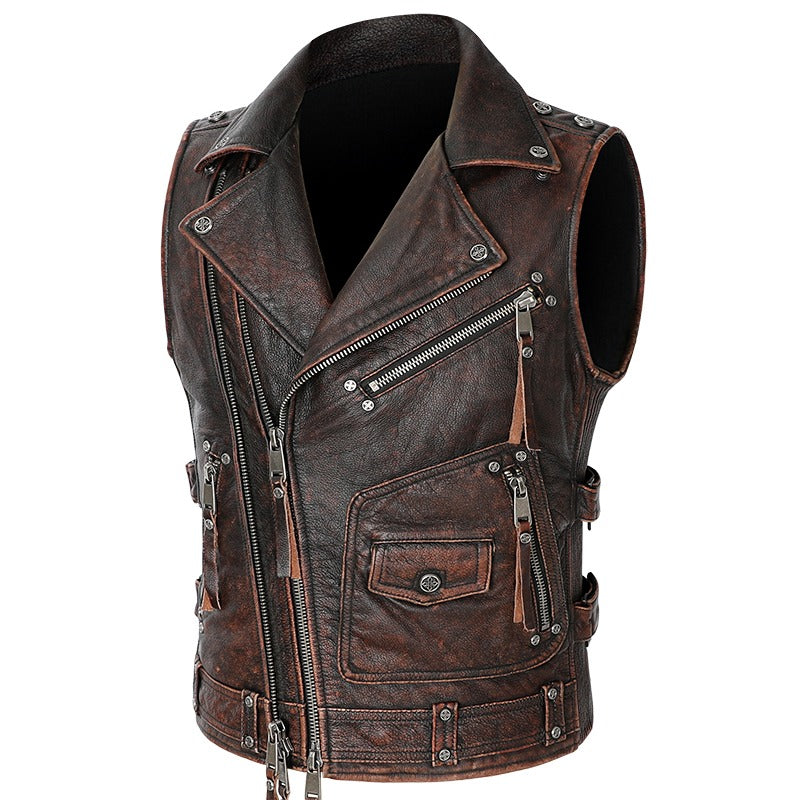 Natural Genuine Leather Motorcycle Vest For Men / Spring Vintage Brown Biker Sleeveless Jacket - HARD'N'HEAVY