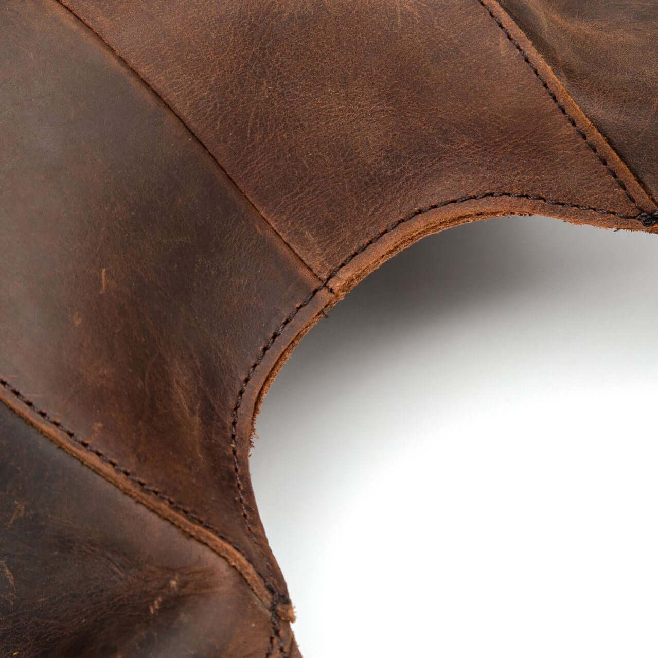 Close-up of natural leather detailing on a vintage women's backpack, emphasizing quality and craftsmanship.