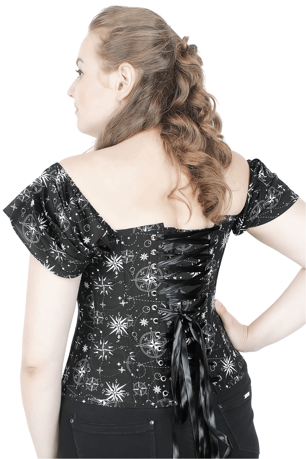 Back view of vintage nautical print corset top with off-shoulder sleeves and lace-up ribbon details.