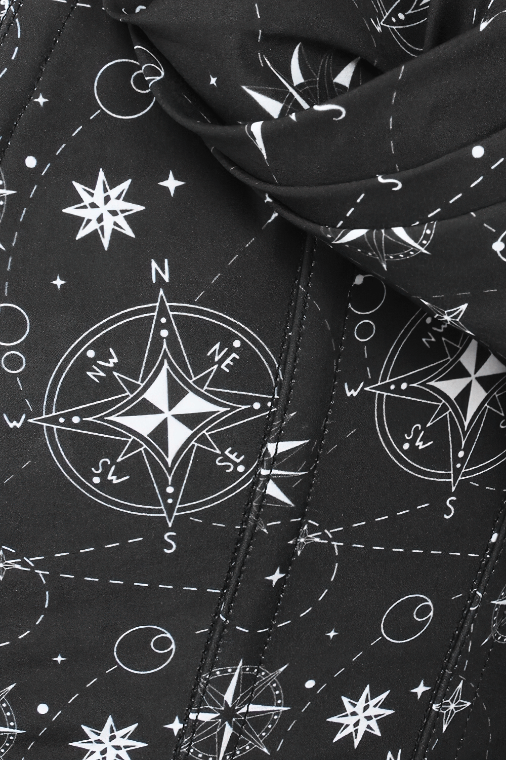 Nautical print corset top featuring celestial motifs and compass designs, perfect for gothic fashion lovers.