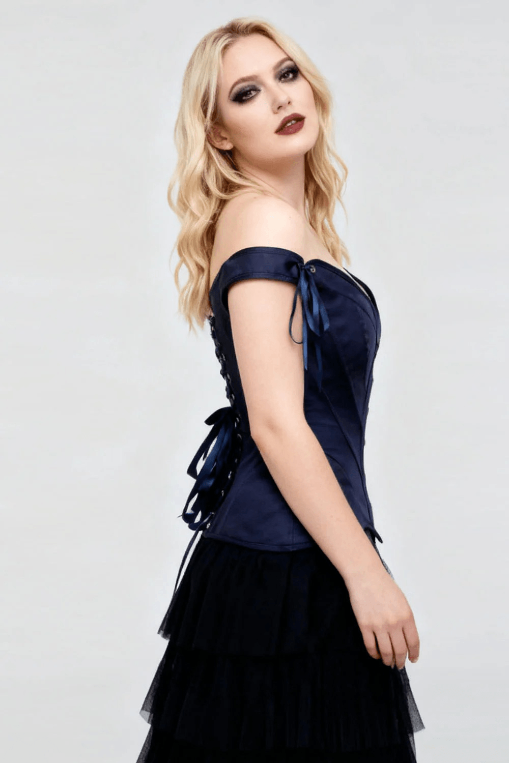 Navy Gothic Off Shoulder Overbust Corset with Ribbon Tie Top displayed on a model, featuring stylish back lacing detail.