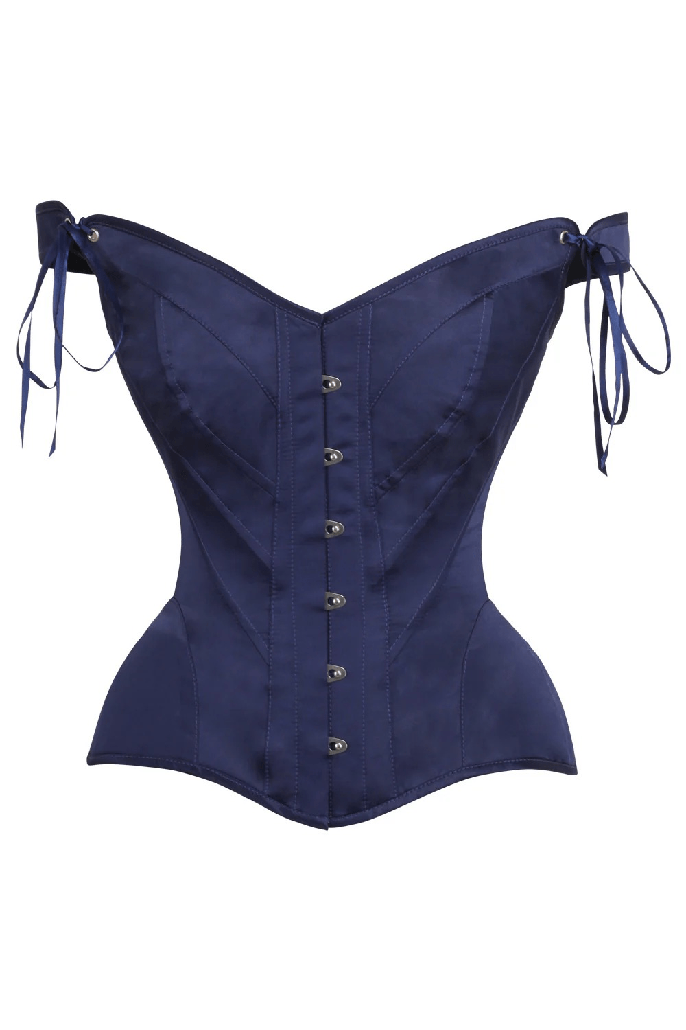 Navy Gothic Off Shoulder Overbust Corset with Ribbon Tie Top featuring a sweetheart neckline and front busk closure.