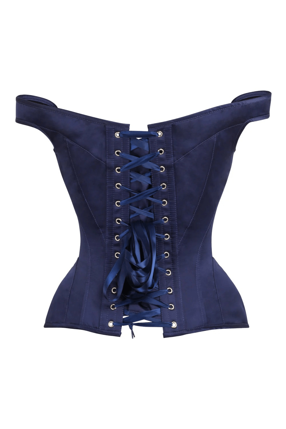 Navy Gothic Off Shoulder Overbust Corset with Ribbon Tie Top showcasing the laced back and elegant design.