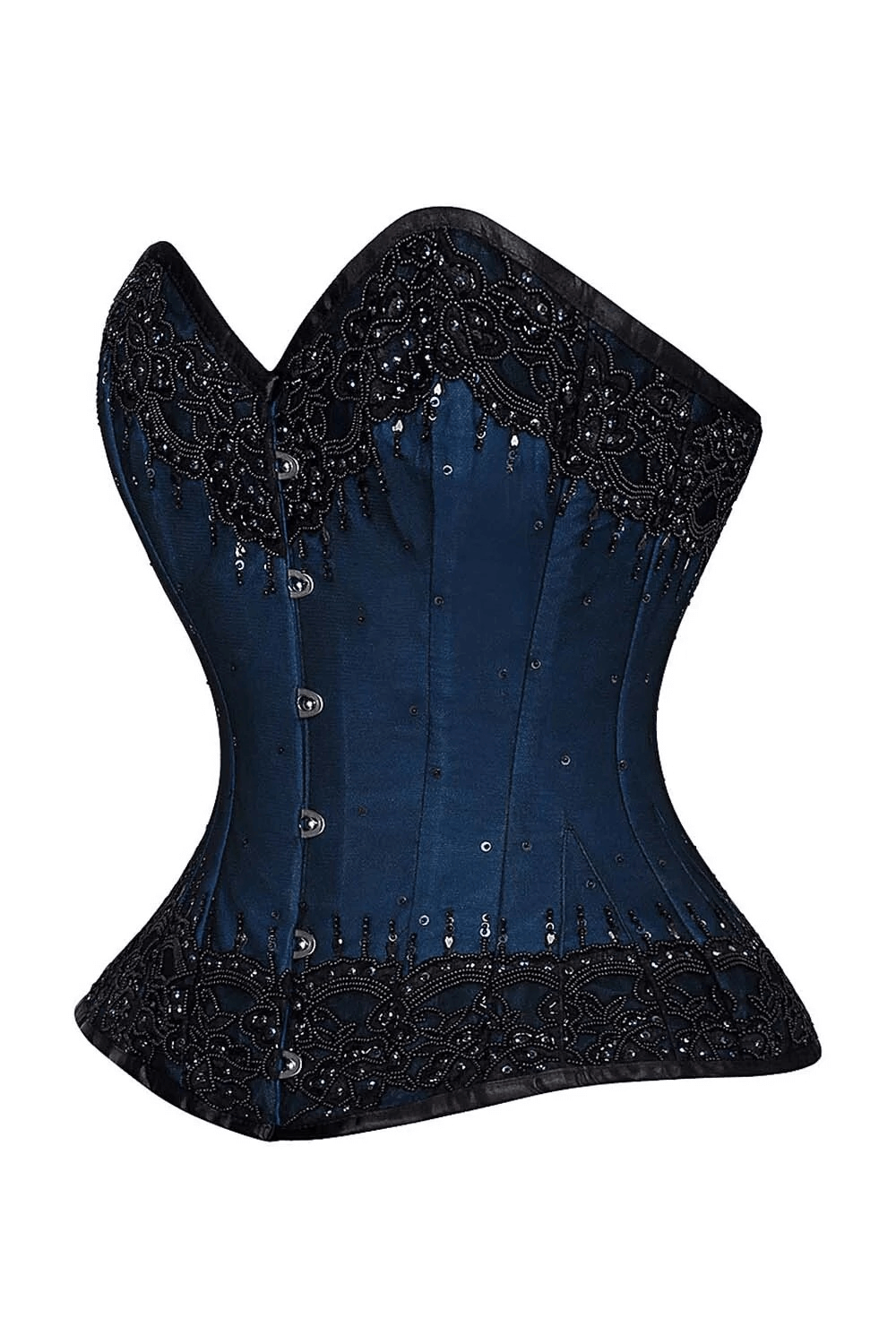 Alt Tag: Navy Satin and Black Lace Overbust Steel Boned Corset in midnight blue satin with black lace overlay, beaded trim, and front busk