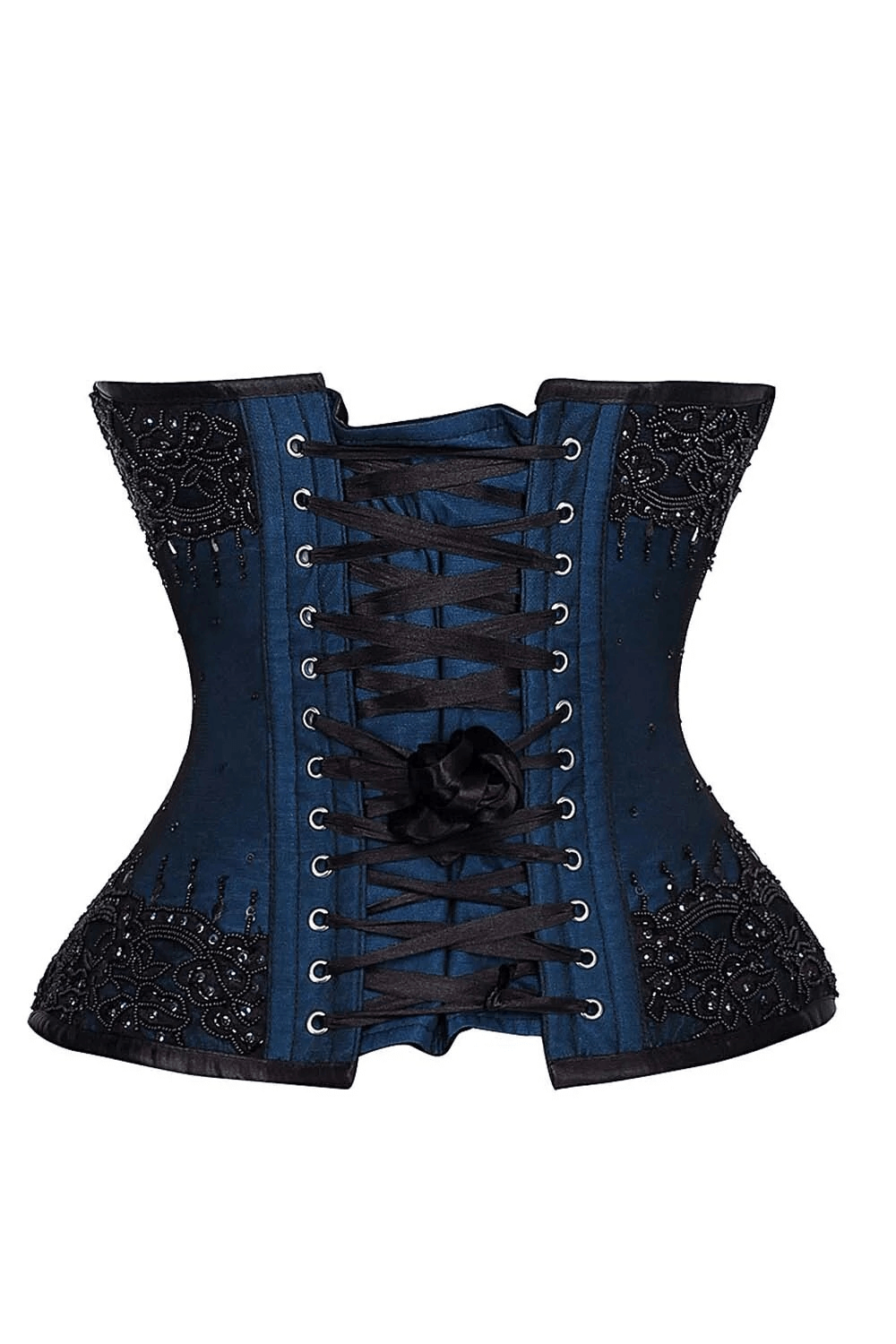 Alt Tag: Navy Satin and Black Lace Overbust Steel Boned Corset in midnight navy satin with black lace overlay, steel boning, back lacing