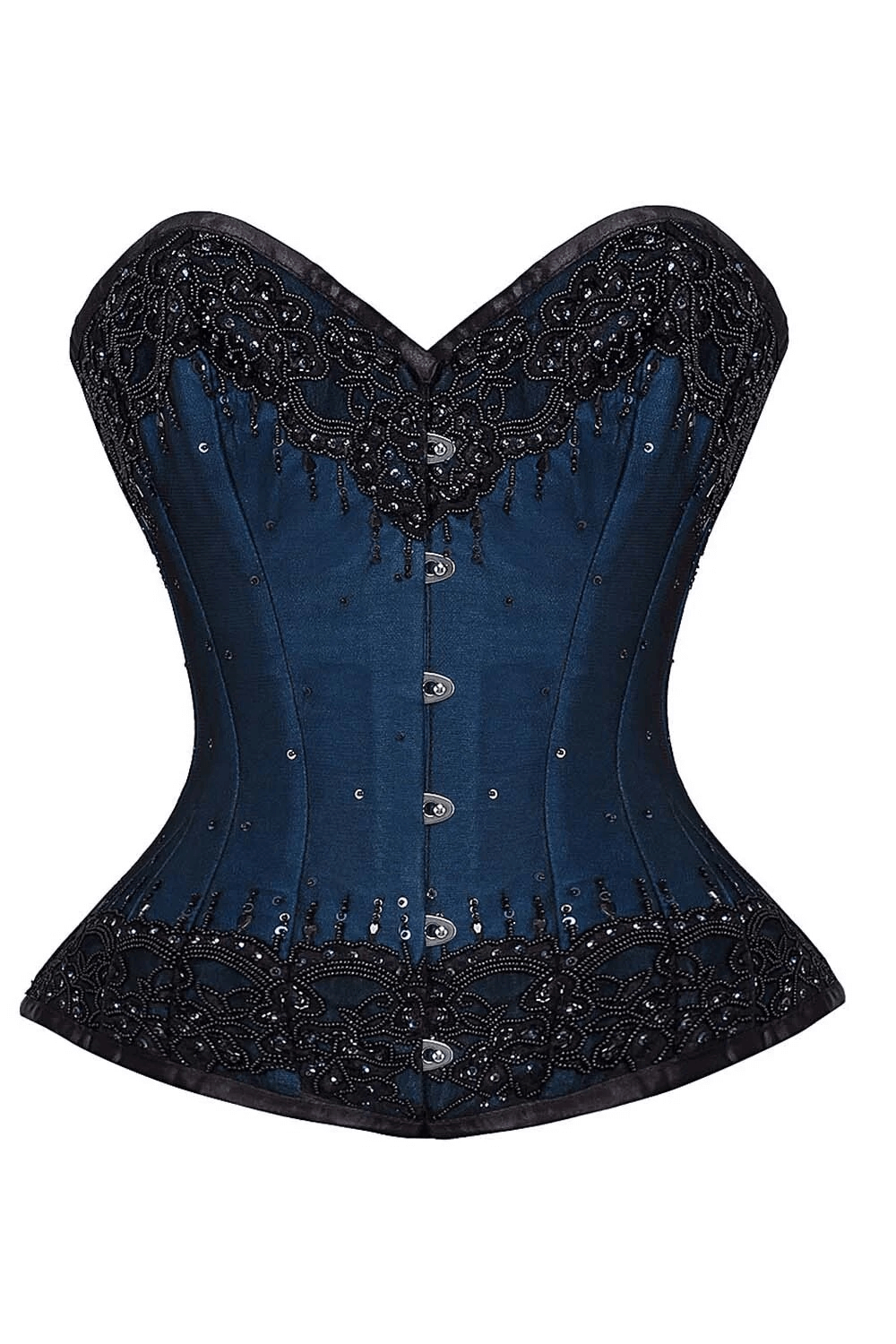 Alt Tag: Navy Satin and Black Lace Overbust Steel Boned Corset in midnight-blue satin with black beaded lace overlay, sweetheart neckline, front busk