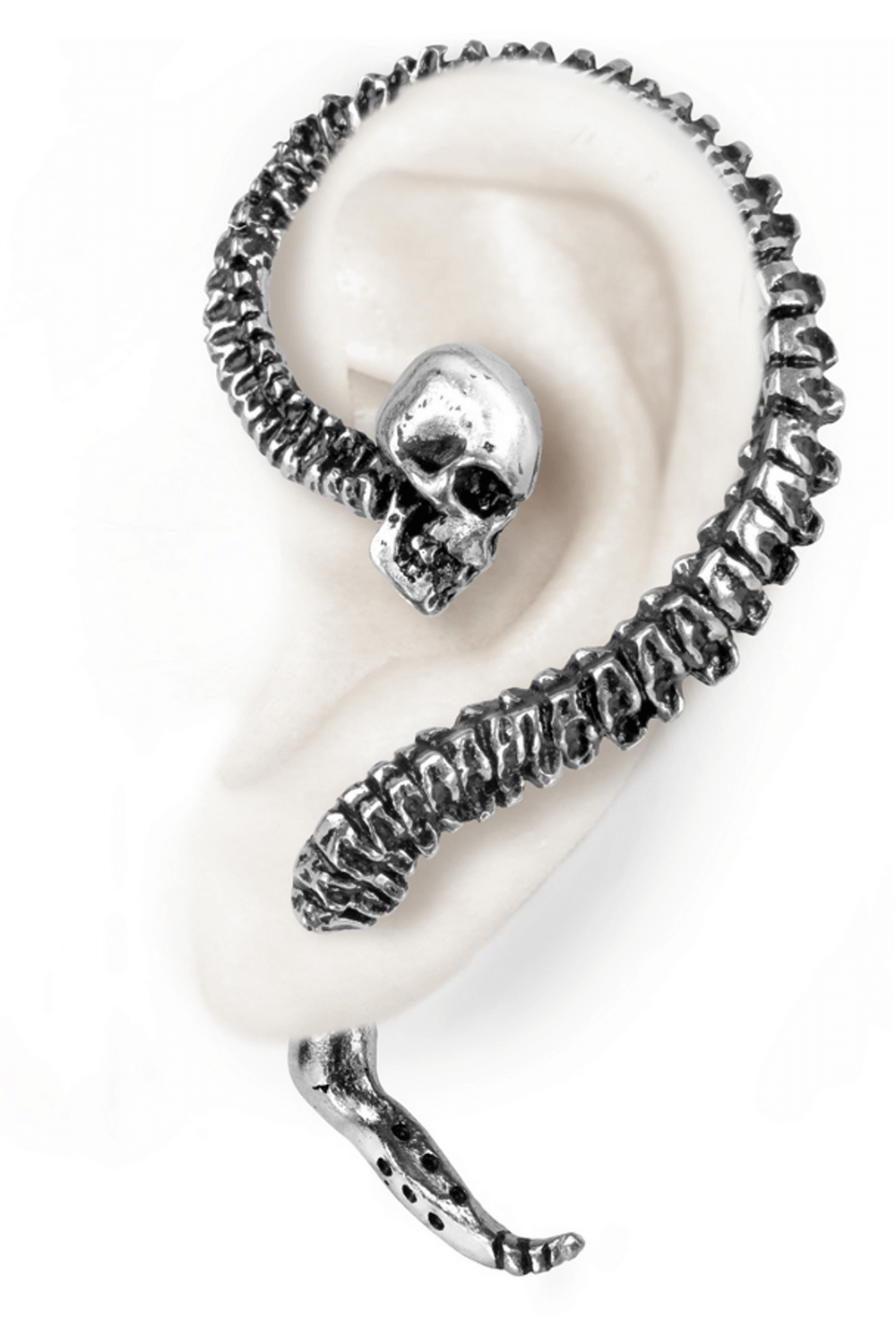 Necacrosome Skull Spine Ear Wrap with Surgical Steel Post showcasing a gothic design with chain detail.